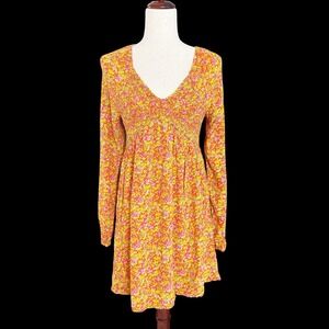 BP. Women's Floral Smocked Babydoll Long‎ Sleeve Mini Dress Orange Size S Boho